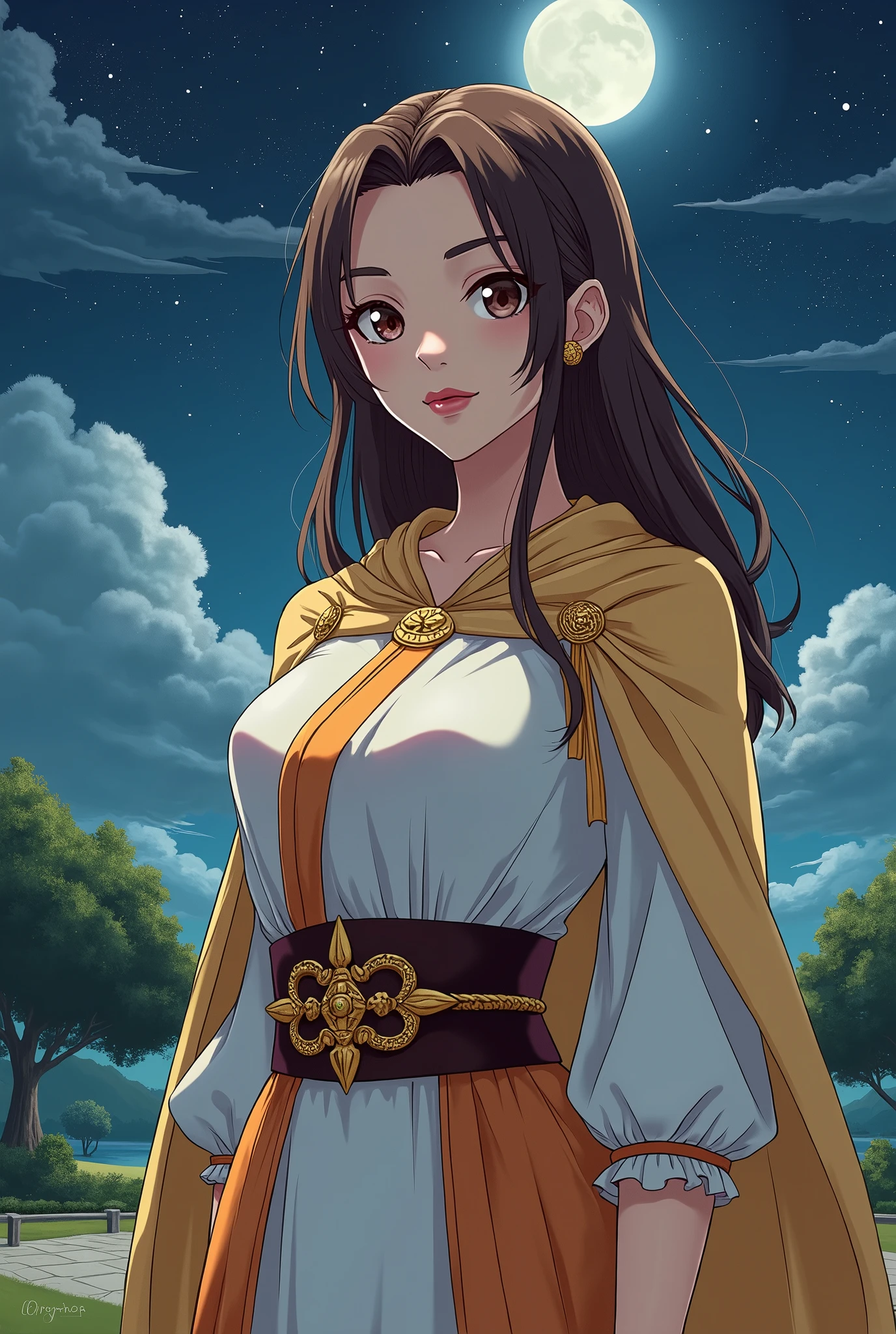  Anime Villain in her 20s .  Her facial features are orthodox . Her hair is brown and straight 、 beautiful brown eyes,  pink lips, She is wearing a long light gold cloak,  she wears a dark brown belt with gold details,  The sleeves of the inner tunic are white with orange decorations .  she wears a gold bracelet , Painting, sketch, ( Photorealism :1.2), night,  Beautiful Starry Sky,  moonlight, Shining Star, Shining Star, Flowing Clouds, Large tree, Grass Square, 



