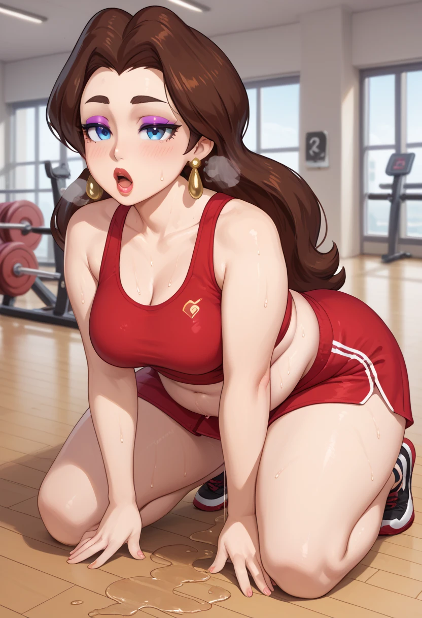 Pauline, Earrings, makeup, long brown hair, blue eyes, thick eyebrows, medium breasts, FACING VIEWER, gym background, gym concept, sport skirt, she is sporting, GYM, sweating profusely, exhausted, breathing, open mouth, steam coming out of her mouth, tight red gym shorts, tight red gym tank top, bending over, hands on knees, dripping sweat, dripplits of sweat on the floor, puddle of sweat, thick, obese, soft belly, chubby, wide hips, sexy hips, full body, sexy, hot, sexy ass