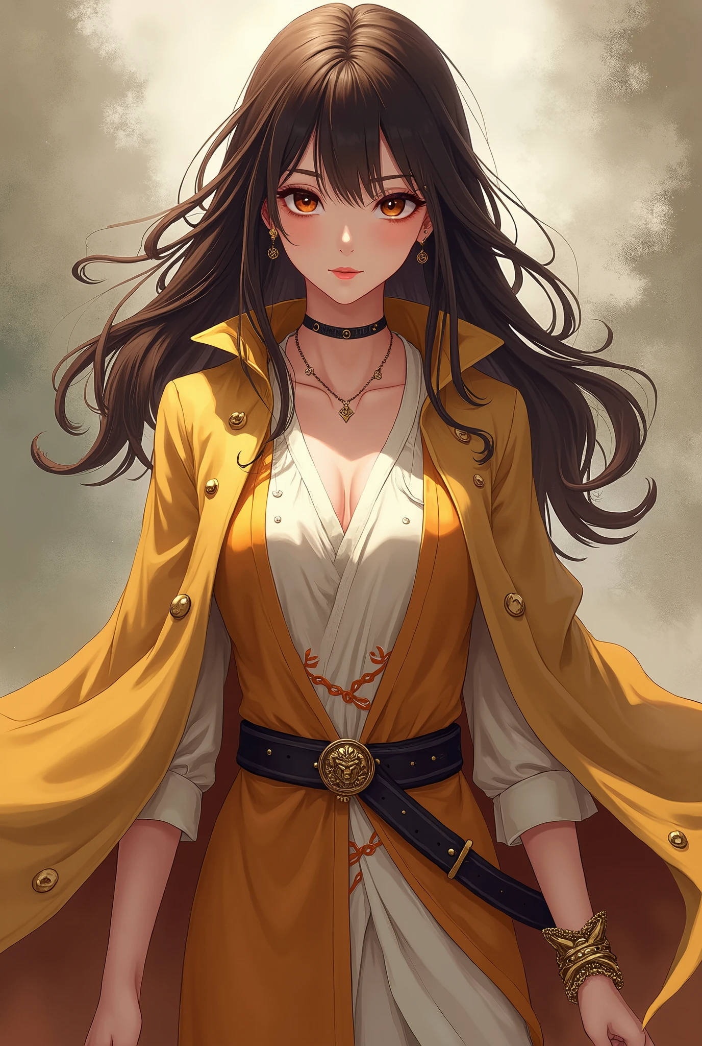  Anime Villain in her 20s .  Her facial features are orthodox . Her hair is brown and straight 、 beautiful brown eyes,  pink lips, She is wearing a long light gold cloak, She wears a dark brown belt with gold detailing, The inner sleeves of her tunic are white with orange decoration.  she wears a gold bracelet , Painting, sketch, ( Photorealism :1.2), 



