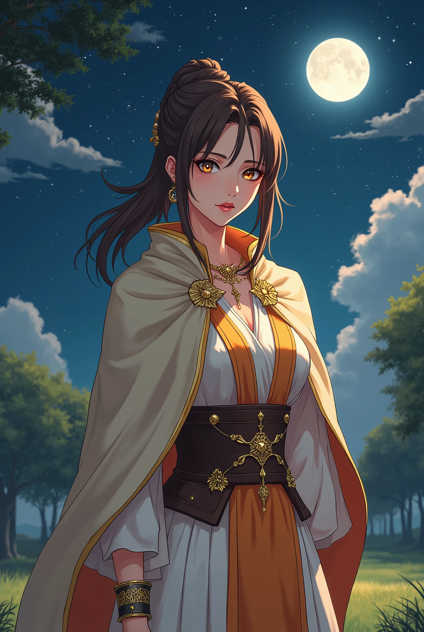  Anime Villain in her 20s .  Her facial features are orthodox . Her hair is brown and straight 、 beautiful brown eyes,  pink lips, She is wearing a long light gold cloak,  she wears a dark brown belt with gold details,  The sleeves of the inner tunic are white with orange decorations .  she wears a gold bracelet , Painting, sketch, ( Photorealism :1.2), night,  Beautiful Starry Sky,  moonlight, Shining Star, Shining Star, Flowing Clouds, Large tree, Grass Square, 



