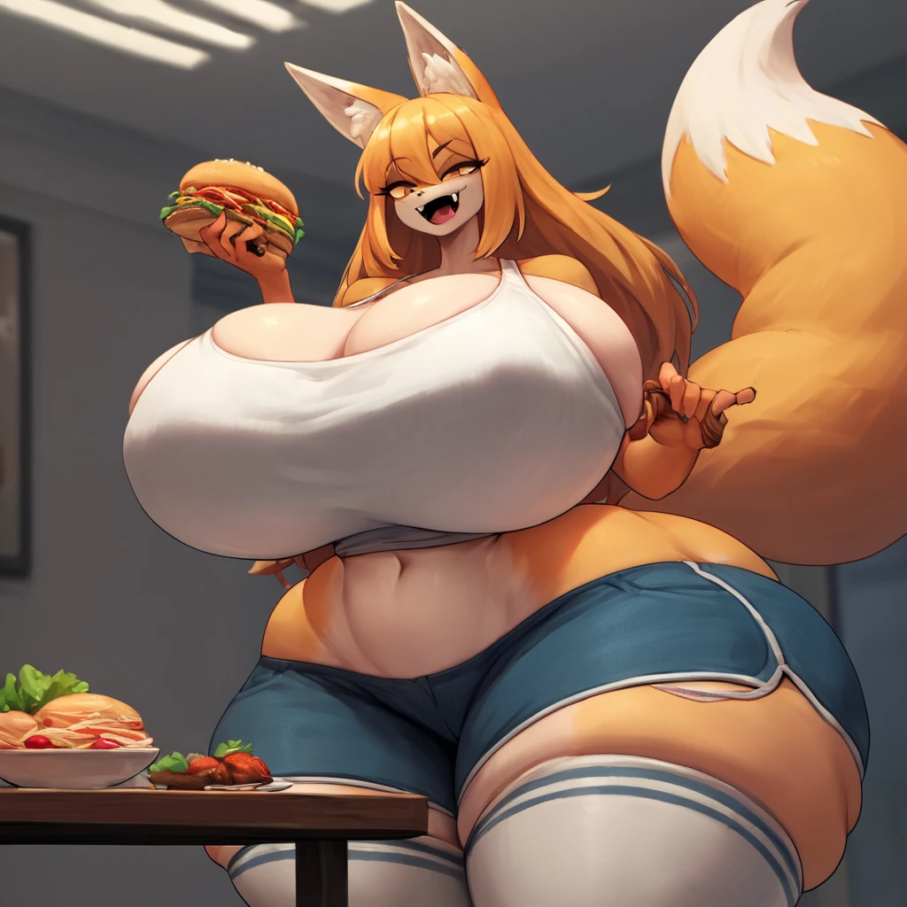 score_9, score_8_up, score_7_up, score_6_up, score_5_up, score_4_up, source_furry, by yboon, cowboy shot BREAK 1girl, thicc, big butt, thigh highs, massive thighs, massive breasts, wide hips, massive hips, large breasts, large thighs, large breast, big , big butt, huge hips, wide butt, huge breasts, fangs, fox tail, fox ears, thin waist, holding food in her hands, shorts, tanktop, dining table with food on it, table with food