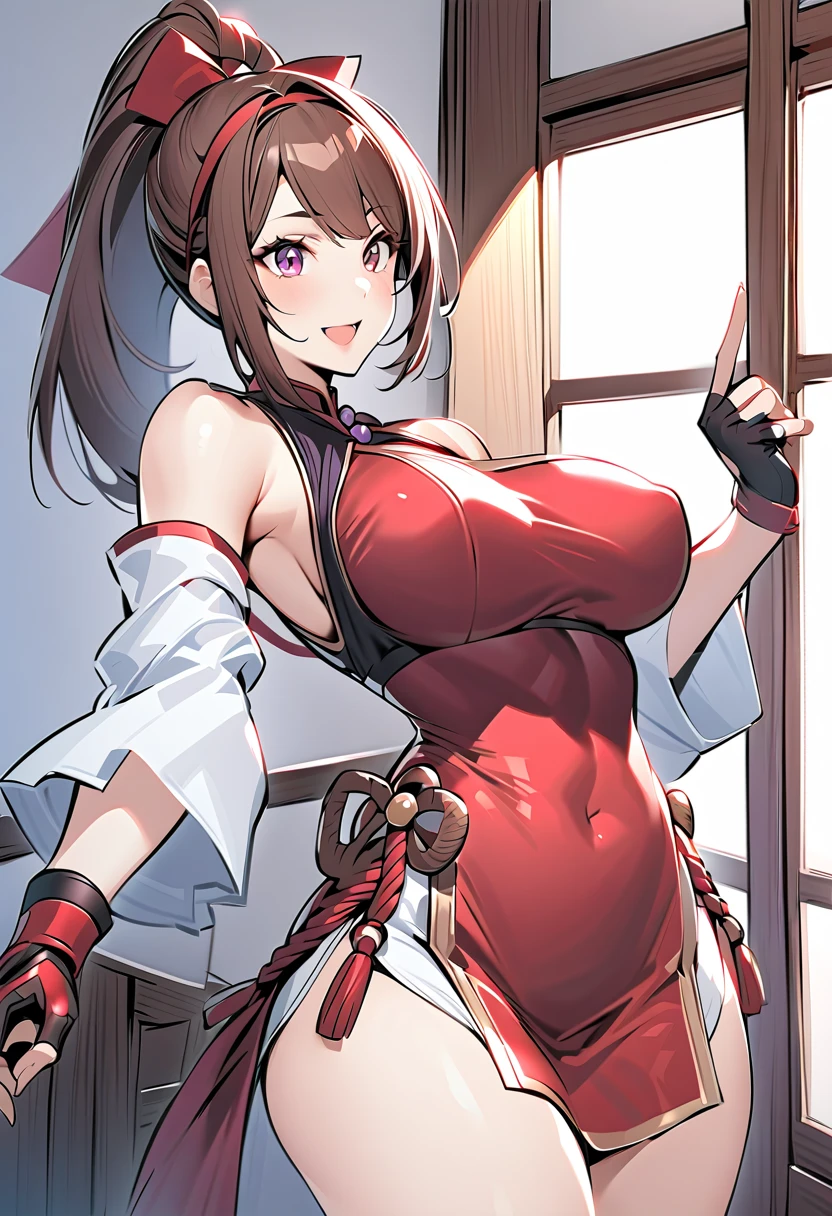 score_9_up, score_8_up, score_7_up,score_6_up, score_5_up, score_4_up , 1girl, solo, FLTMISHR, brown hair, high ponytail, large breasts,sleeveless, rope, japanese clothes, revealing clothes, pelvic curtain, AthnaKOFXV, purple hair, purple eyes, red hairband,pearl (gemstone), off-shoulder, white sleeves, fingerless gloves, short white china dress, ysakazaki, dougi, sneakers, spandex, headband, fingerless gloves, brown hair, brown eyes, single braid,, flirting, cowboy shot, bedroom