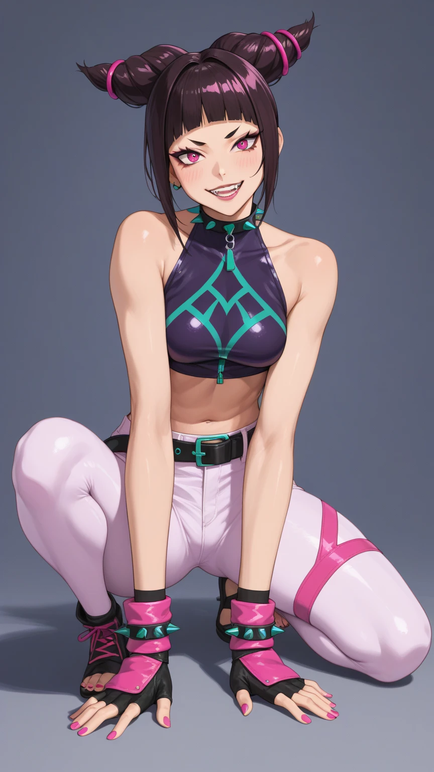 Juri on all fours, now wears a tiny, sleeveless, cropped top in white with pink trim and a green zipper on the back. Black body tapes are threaded under the top, creating a spider pattern that extends down her torso and crotch. For the bottom, she chooses unconventional black baggy pants with pink and neon teal trim and a distinctive large crotch cutout that reveals her white tights underneath. The pants also have green zippers on the medial side of the legs. her right eye remains purple, but her left eye is green Juri's accessories include black fingerless gloves ankle cuffs with pink padding. Four black bracelets with neon teal spikes adorn her wrists and ankles, with a matching spiked choker around her neck. Loosely wrapped around her waist is an extra-long black belt with pink trim and a Taiji motif on the buckle. She also wears Tae Kwon Do foot garments. Her fingernails and toenails are painted neon teal. (Masterpiece high quality)