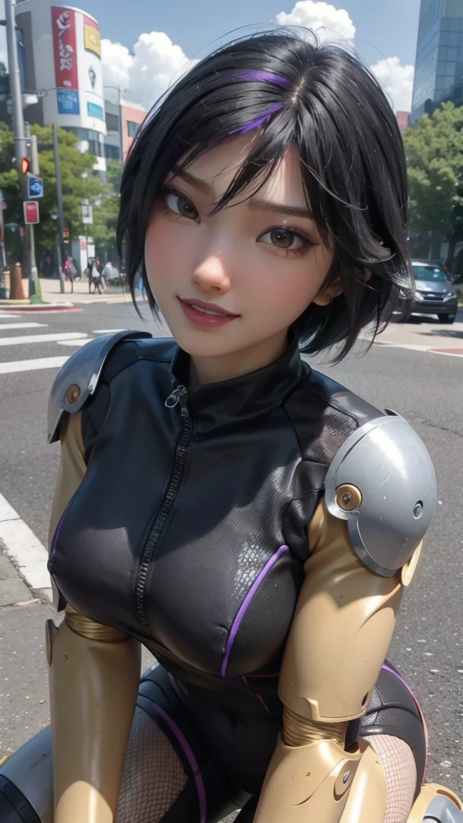 Gogo tomago,(best qualityer,4K,8k,high resolution,work of art:1.2)(weather: cloudy), Tokyo city background, downtown streets, full mech armor, black long sleeve spy top, tight fishnet leggings with red linings, yellow chest mech armor, yellow arm long mech armor, yellow mech boots, cheek mole, short wavy hair, black hair with purple highlight, ultra detailed, realistic, portrait,beautiful detailed brown eyes, glowing eyes,blush,beautiful detailed lips,extremely detailed eye and face, long eyelashes,sexy,average, medium breasts,beaming smile, cool smile, powerful girl, heroic pose, stunning curves, bright coloured, dramatic lighting, hair flying,