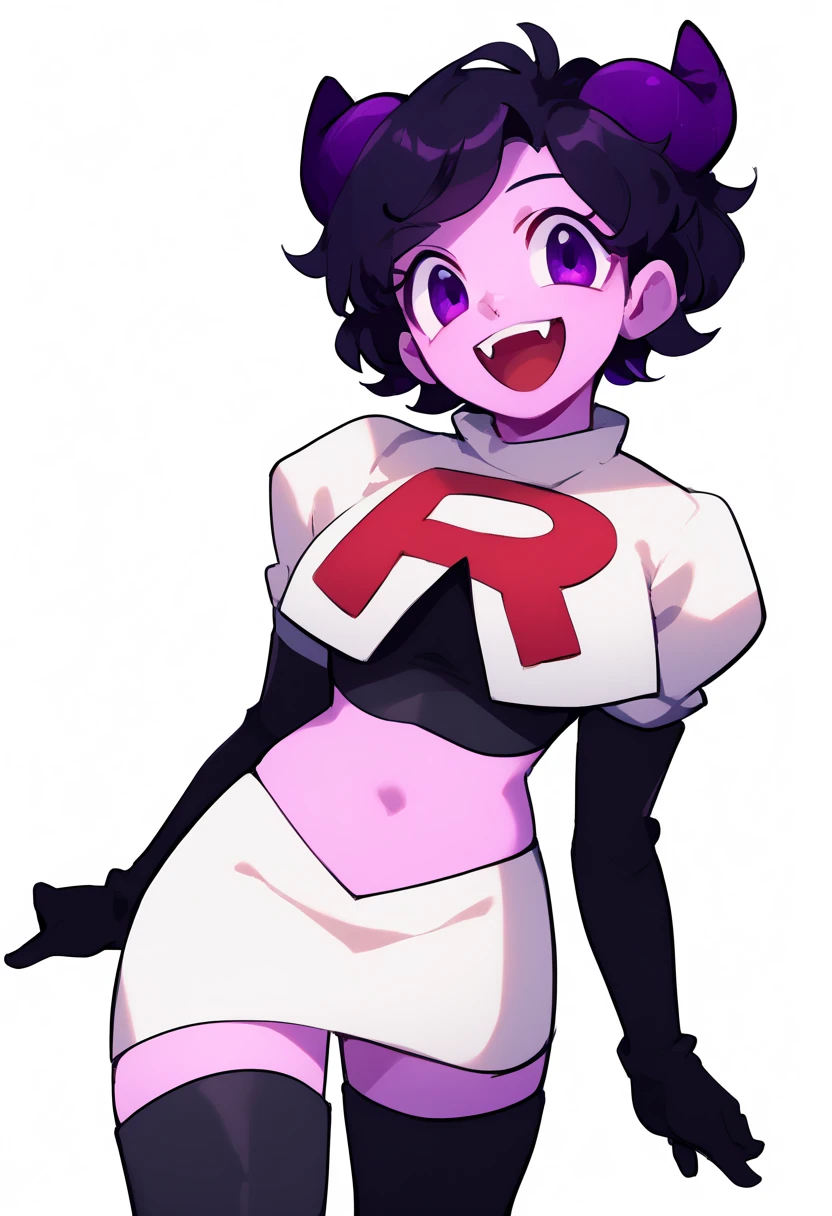 jellybean_yt, solo, looking at viewer, smile, short hair, open mouth, black hair, 1girl, white background, purple eyes, female focus, horns, teeth, colored skin, fangs, team rocket,team rocket uniform,white skirt,red letter R,crop top,black thigh-highs,black elbow gloves, source