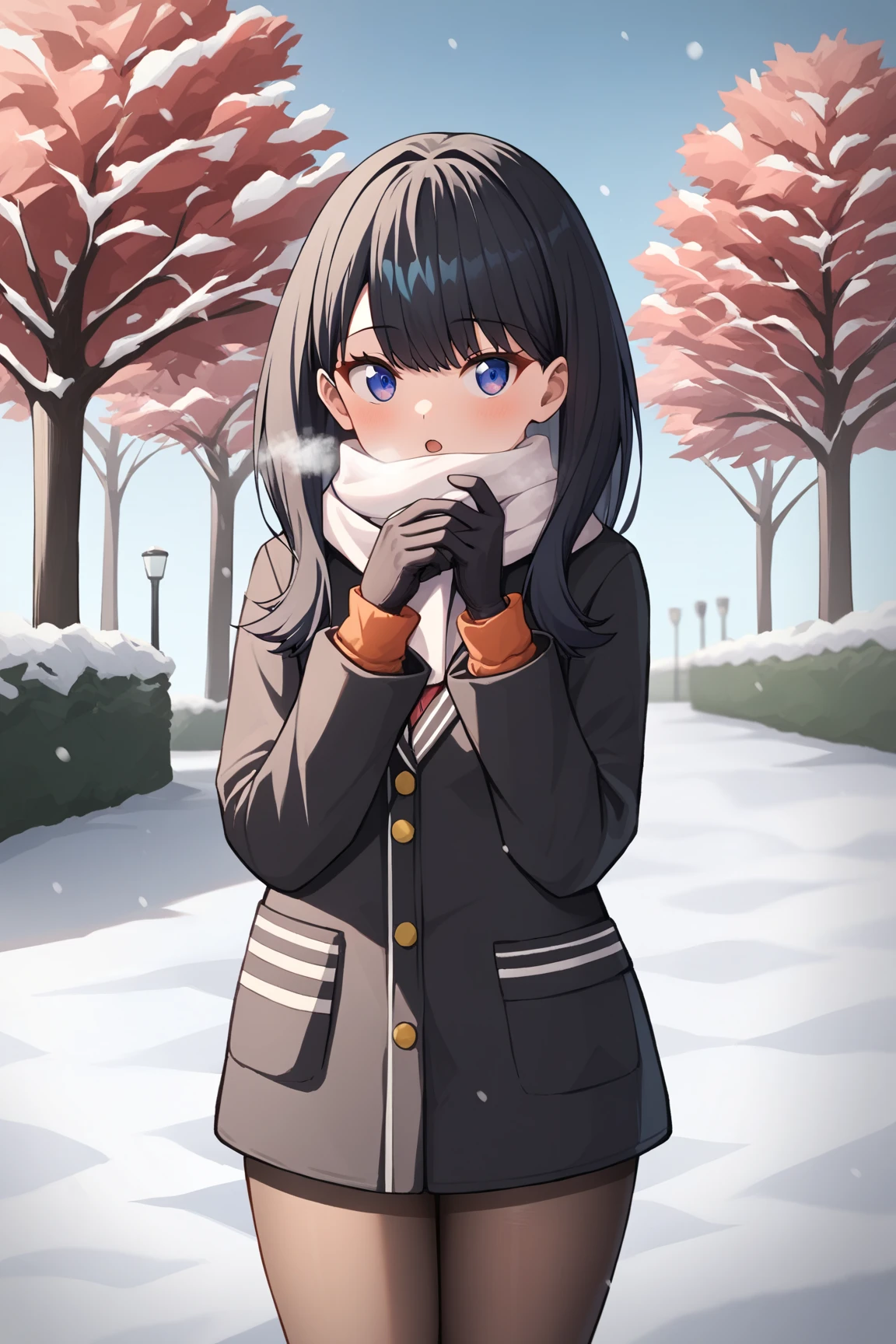 score_9,score_8_up,score_7_up, source_anime, winter, snow, snow field, (((outdoors))), (((park))), night, looking_at_viewer, red cheek, open mouth, She is breathing to white breath has both hands on mouth, knit black gloves, knit white scarf, takarada_rikka, standing, 1girl, solo, black duffel coat, pantyhose, mini skirt, thighs, masterpiece, best quality, very aesthetic, ultra detailed, absurdres, 