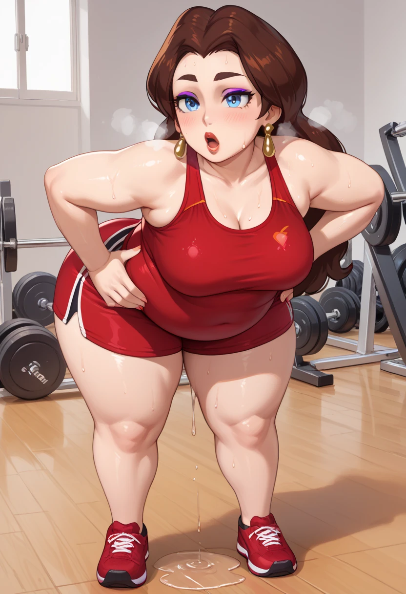 Pauline, Earrings, makeup, long brown hair, blue eyes, thick eyebrows, medium breasts, FACING VIEWER, gym background, gym concept, sport skirt, she is sporting, GYM, sweating profusely, exhausted, breathing, open mouth, steam coming out of her mouth, tight red gym shorts, tight red gym tank top, bending over, hands on hips, dripping sweat, dripplits of sweat on the floor, puddle of sweat, thick, obese, soft belly, chubby, wide hips, sexy hips, full body, sexy, hot, sexy ass