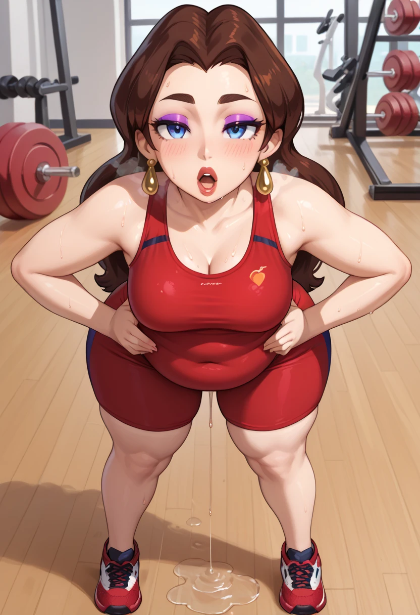 Pauline, Earrings, makeup, long brown hair, blue eyes, thick eyebrows, medium breasts, FACING VIEWER, gym background, gym concept, sport skirt, she is sporting, GYM, sweating profusely, exhausted, breathing, open mouth, steam coming out of her mouth, tight red gym shorts, tight red gym tank top, bending over, hands on hips, dripping sweat, dripplits of sweat on the floor, puddle of sweat, thick, obese, soft belly, chubby, wide hips, sexy hips, full body, sexy, hot, sexy ass