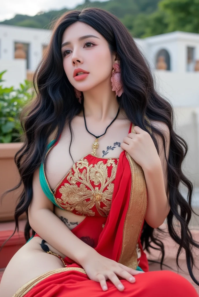 Full-body portrait of a confident-looking Indian woman, Princess Kamasutra with long, flowing hair, hazelnut eyes, usando joias de grife,  sitting in royal garden, palace background, Bokeh perfect composition, hiper-realista, super detalhado, 8k, alta qualidade, arte em alta, trending on ArtStation, foco nítido, photo shoot, detalhes intrincados, altamente detalhado, Arte de Greg Rutkowski