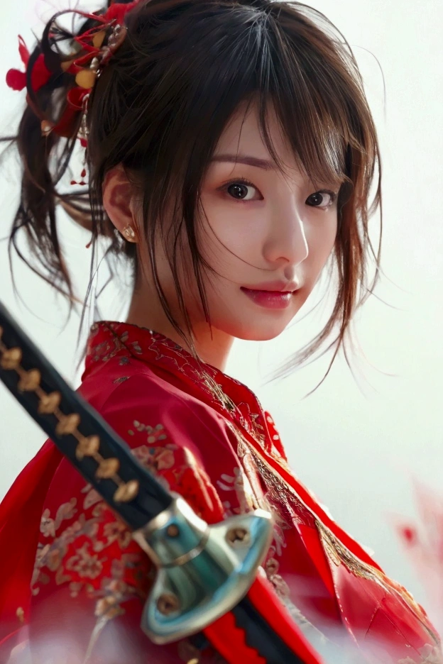  One Girl ,  high res,  High Quality ,  textured skin , Ultra high definition,  very detailed, 最 High Quality ,  3d rendering ,  realism, Sur realism, Heavy makeup、high nose、Beauty、}  clean eyes and nose 、 Japanese 、25 years old、 Big Breasts 、 full body  description、 full body 、Down to the toes、Woman holding a sword