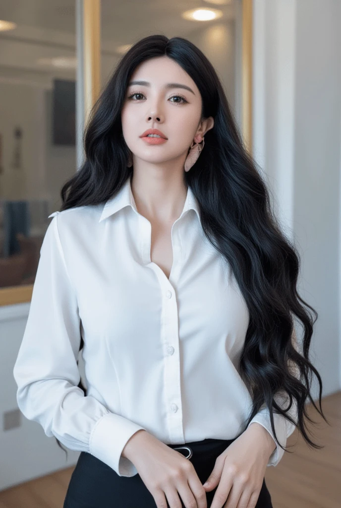 A young teacher woman with huge breasts stands confidently in the classroom, her elegantly bob cut styled hair a focal point amidst the soft glow of dramatic lighting. The camera captures her full figure, from the gleaming white blouse to the fitted pencil miniskirt, as she faces directly at the viewer with an air of authority. Flowy long hair cascades down her back like a dark waterfall, while the background remains softly focused, allowing her stunning features and intricate details to take center stage.