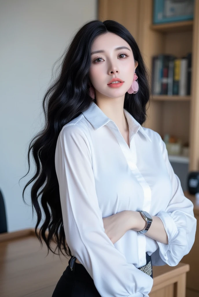 A young teacher woman with huge breasts stands confidently in the classroom, her elegantly bob cut styled hair a focal point amidst the soft glow of dramatic lighting. The camera captures her full figure, from the gleaming white blouse to the fitted pencil miniskirt, as she faces directly at the viewer with an air of authority. Flowy long hair cascades down her back like a dark waterfall, while the background remains softly focused, allowing her stunning features and intricate details to take center stage.