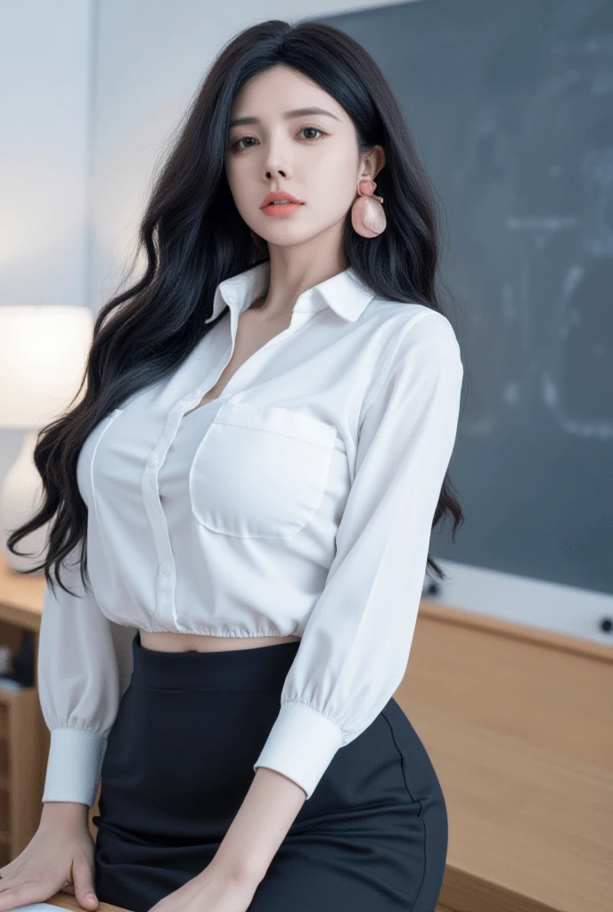 A young teacher woman with huge breasts stands confidently in the classroom, her elegantly bob cut styled hair a focal point amidst the soft glow of dramatic lighting. The camera captures her full figure, from the gleaming white blouse to the fitted pencil miniskirt, as she faces directly at the viewer with an air of authority. Flowy long hair cascades down her back like a dark waterfall, while the background remains softly focused, allowing her stunning features and intricate details to take center stage.