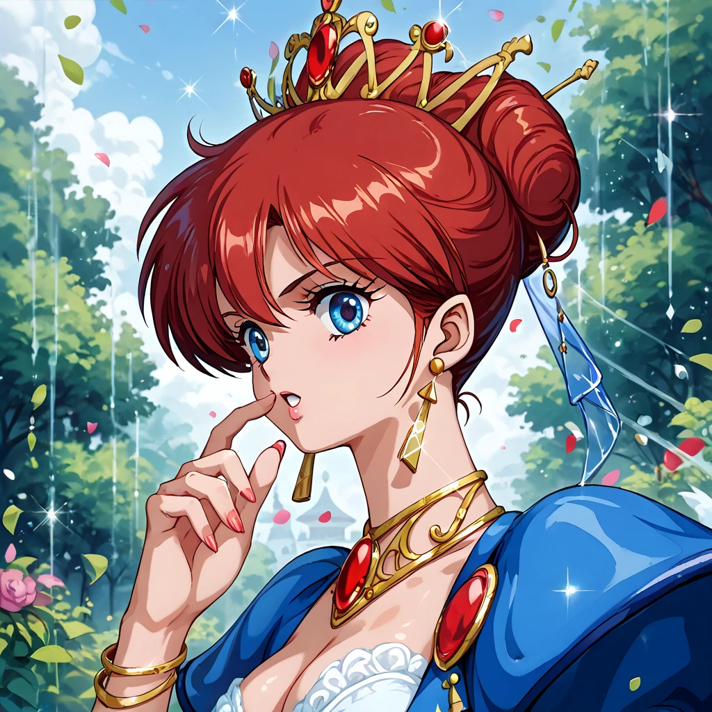 (( top quality )), ((masterpiece)), ( Details), （ perfect face）、The red-haired Yoko Asagiri married Ganondorf and became the queen of the Gerd tribe full of adult charm, and wears a pure white vintage Victorian dress of a gorgeous, glittering, and elegant queen, and dressed brilliantly with jewelry accessories