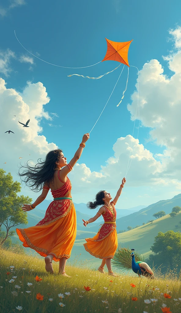 A beautiful Colombian indigenous woman , dancing in the air, levitating, wearing a typical white dress from the Colombian region , carrying many typical things from the region on her back and in her hands she carries a baby, sky with stormy and dramatic clouds, first prize winning photograph, dramatic photography, cinematic photography, Digital art, renaissance technique.