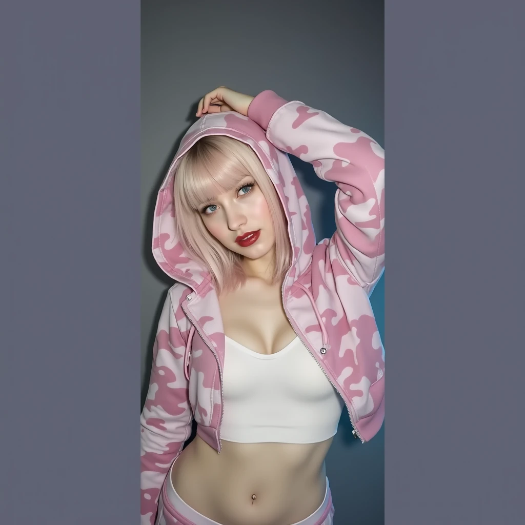 black simple background, studio lighting, pink hair, pink hair bun, pink lips, pink sweater, pink oversized pants, turtleneck, mascara, looking at viewer, earring, lying on a fotel, view from above, full body,