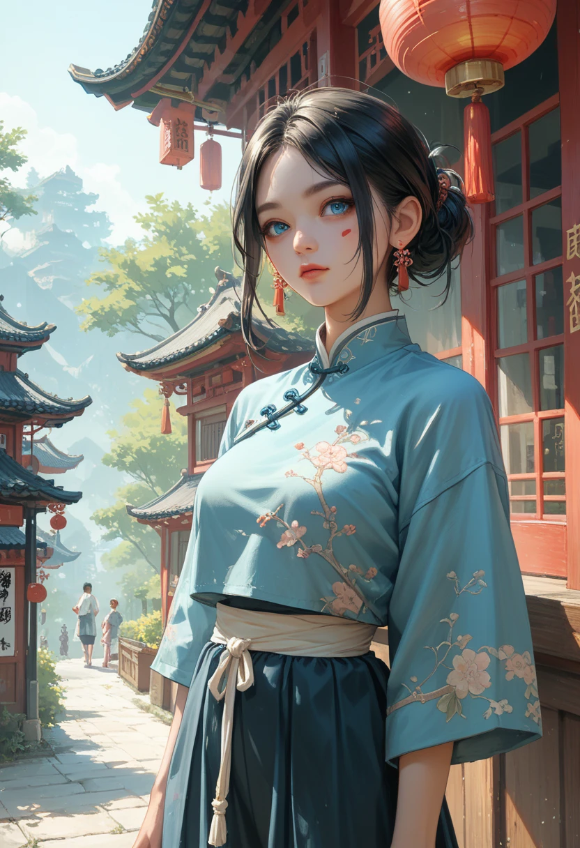  dark hair to the waist,  blue eyes ,  pretty face with a birthmark ,  traditional Chinese streetwear, from outside a Chinese court .