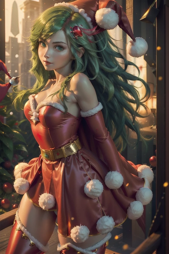 1girl,solo,(cowboy shot:1.2),standard height,standing,(green hair:1.4),long hair, flipped hair,bangs,(hair ornament:1.4),(green eyes:1.3),(beautiful fingers:1.6),(perfect anatomy:1.6),(arms_behind_back:1.6),BREAK,(red santa cape:1.6),(red santa costume:1.6),medium breasts,(beautiful breasts:1.2),(masterpiece,best quality:1.2),(Ultra high definition eyes:1.2),8k,(Beautiful detailed eyes:1.2),(Fine and beautiful eyes:1.2),(pretty eyes:1.2),finely detail,extremely CG, absurdres,high resolution,illustration,Detailed and beautiful outlines,finely detail,high resolution,(colorful refraction:1.4,Increase saturation:1.2),beautiful lighting,dynamic lighting,closed room,black background,simple background, smile,looking at viewer,rydia,(red cape:1.2), belt, detached sleeves,red dress,white fur trim,(santa hat:1.2),(white pom-pom:1.4),thigh boots,black belt,gold buckle,velvet fabric,fluffy trimm,faux fur, (red thigh boots:1.4)