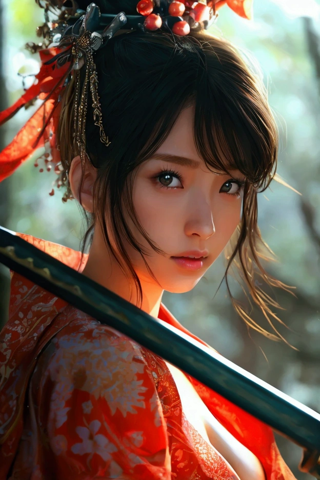  One Girl ,  high res,  High Quality ,  textured skin , Ultra high definition,  very detailed, 最 High Quality ,  3d rendering ,  realism, Sur realism, Heavy makeup、high nose、Beauty、}  clean eyes and nose 、 Japanese 、25 years old、 Big Breasts 、 full body  description、 full body 、Down to the toes、Woman holding a sword