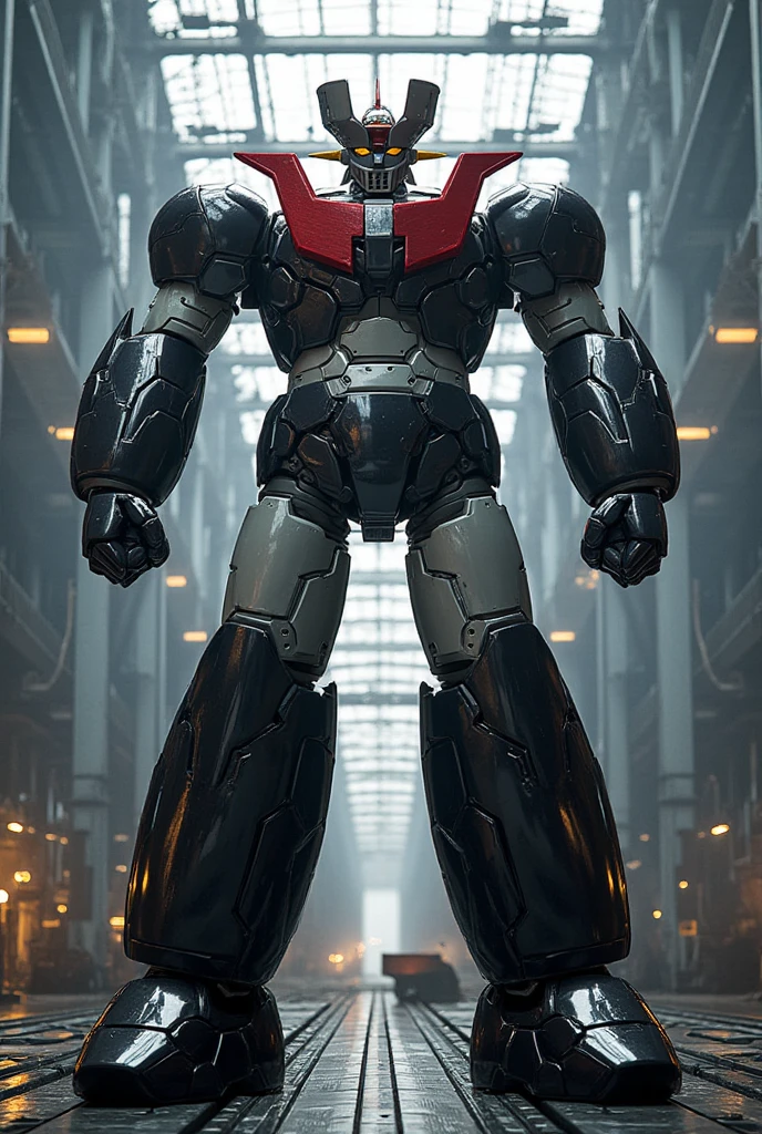   a very realistic version of the Mazinger Z , It stands 58 meters tall and in a forward position .  constructed with modern materials such as steel ,  Carbon Fiber ,  other industrial elements are also visible , Armored with a beautiful finish , bolt,  realistic texture , .  Iconic features such as the chest plate and head have been carefully recreated.  Set in a modern industrial environment factory plant ,  the appearance of Mazinger Z standing around ,  illuminated by natural light 、 huge structures highlighted with realistic shadows . LED Light