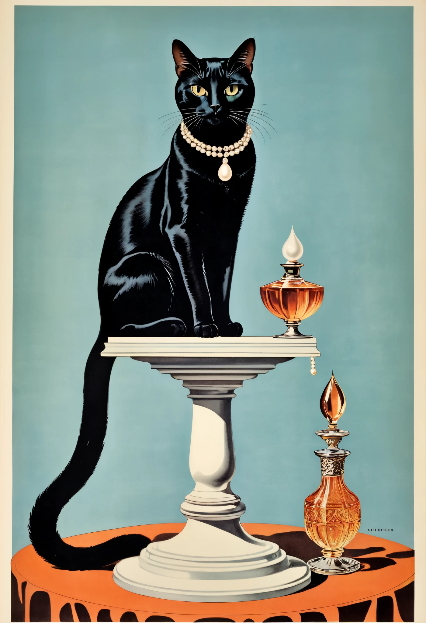 vector art, arafed black cat sitting on a pedestal with a pearl necklace, elegant cat, 1920s advert, 1960s advertisement, luxury advertisement, magazine advertisement, 1960s perfume bottle ads,