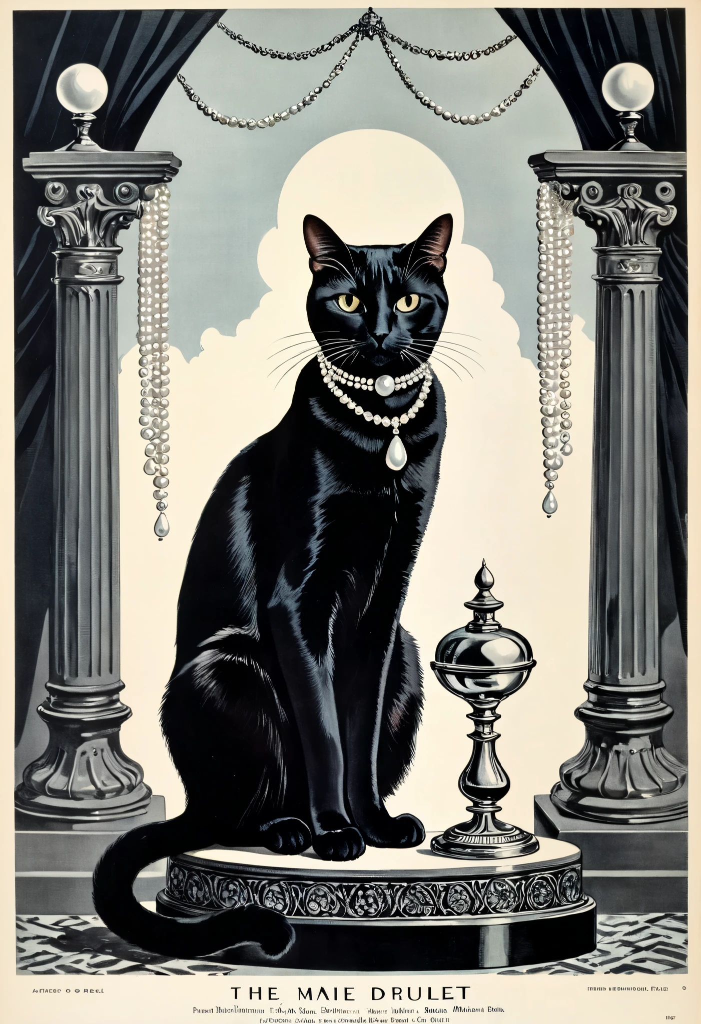 vector art, arafed black cat sitting on a pedestal with a pearl necklace, elegant cat, 1920s advert, 1960s advertisement, luxury advertisement, magazine advertisement, 1960s perfume bottle ads,