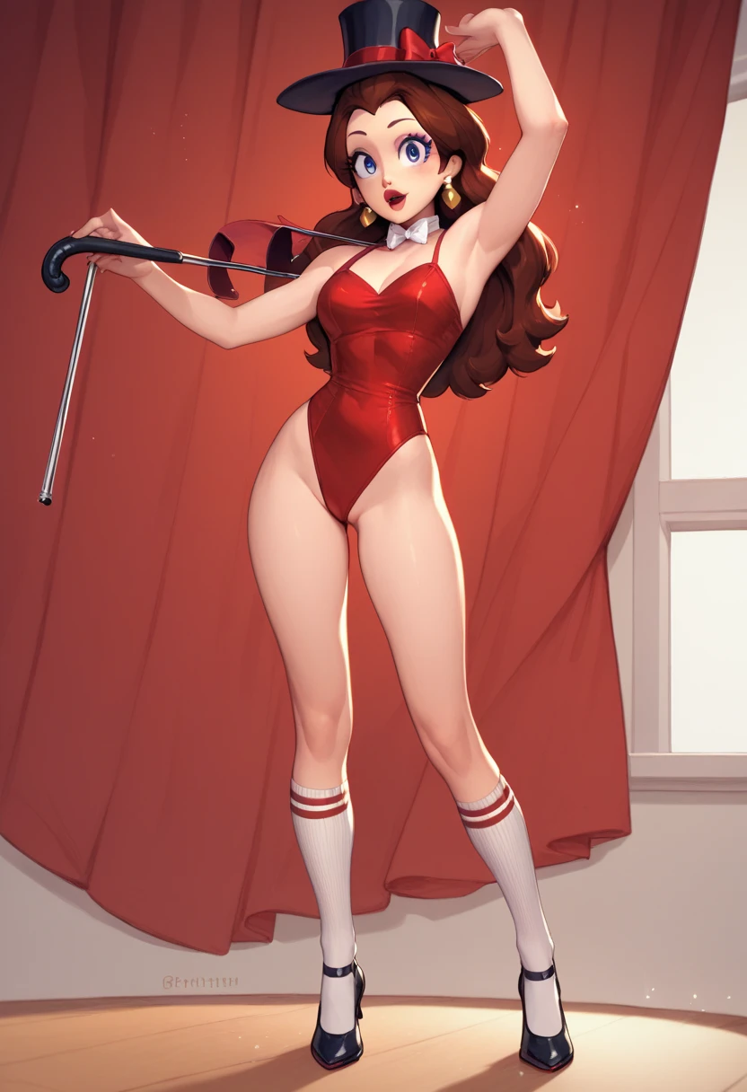 Cute Pauline wearing a sparkling shiny red leotard, black Mary Jane strap tap shoes with small white socks,,performing on stage with red curtains, black mix with brown hair, eyes are centered,, while tap dancing, black top hat, holding a black cane, red bow with a white collar on her neck, as she touches her pussy