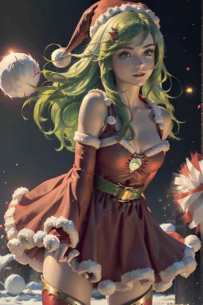 1girl,solo,(cowboy shot:1.2),standard height,standing,(green hair:1.4),long hair, flipped hair,bangs,(hair ornament:1.4),(green eyes:1.3),(beautiful fingers:1.6),(perfect anatomy:1.6),(arms_behind_back:1.6),BREAK,(red santa cape:1.6),(red santa costume:1.6),medium breasts,(beautiful breasts:1.2),(masterpiece,best quality:1.2),(Ultra high definition eyes:1.2),8k,(Beautiful detailed eyes:1.2),(Fine and beautiful eyes:1.2),(pretty eyes:1.2),finely detail,extremely CG, absurdres,high resolution,illustration,Detailed and beautiful outlines,finely detail,high resolution,(colorful refraction:1.4,Increase saturation:1.2),beautiful lighting,dynamic lighting,closed room,black background,simple background, smile,looking at viewer,rydia,(red cape:1.2), belt, detached sleeves,red dress,white fur trim,(santa hat:1.2),(white pom-pom:1.4),thigh boots,black belt,gold buckle,velvet fabric,fluffy trimm,faux fur, (red thigh boots:1.4)