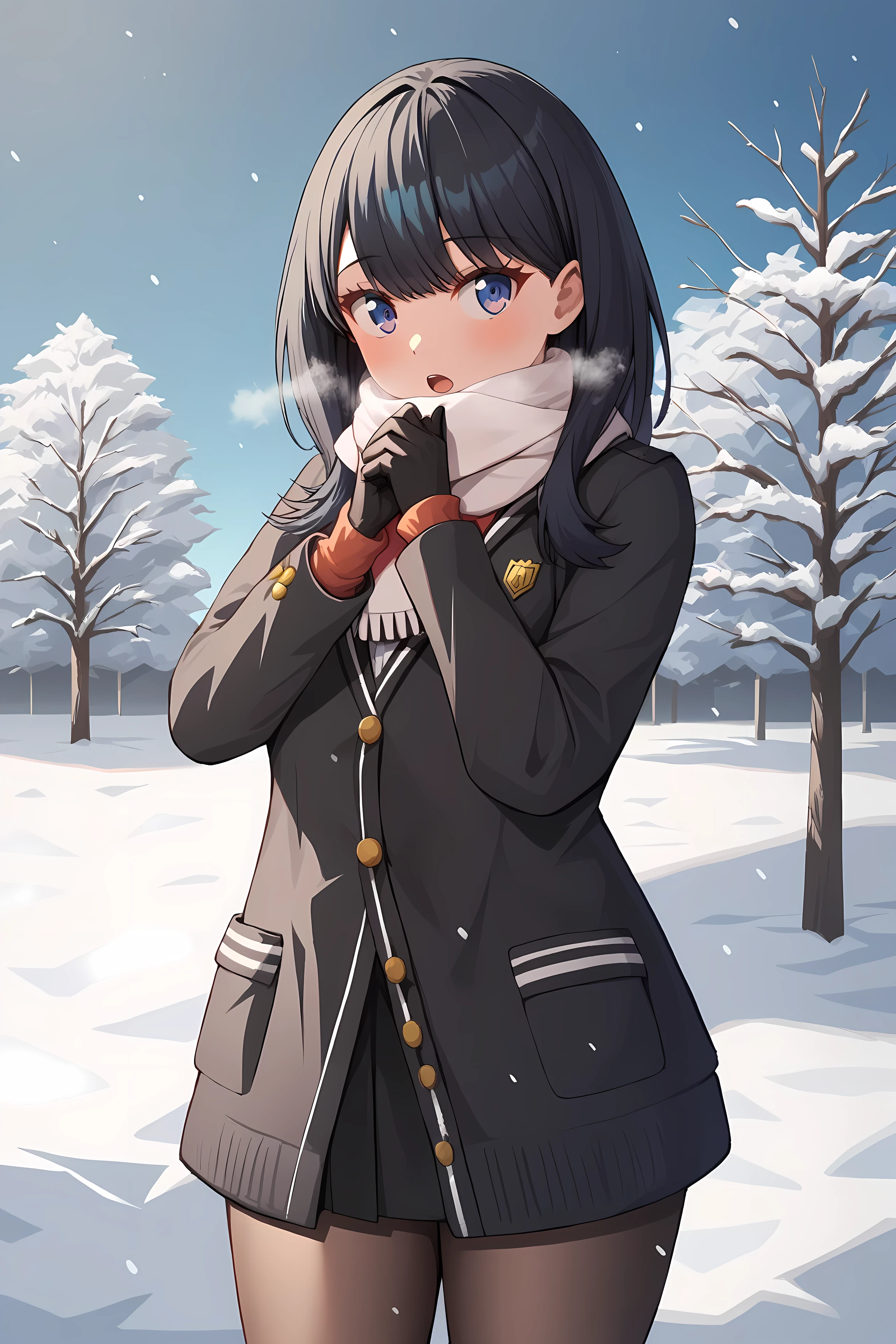 score_9,score_8_up,score_7_up, source_anime, winter, snow, snow field, (((outdoors))), (((park))), night, looking_at_viewer, red cheek, open mouth, She is breathing to white breath has both hands on mouth, knit black gloves, knit white scarf, takarada_rikka, standing, 1girl, solo, black duffel coat, pantyhose, mini skirt, thighs, masterpiece, best quality, very aesthetic, ultra detailed, absurdres, 