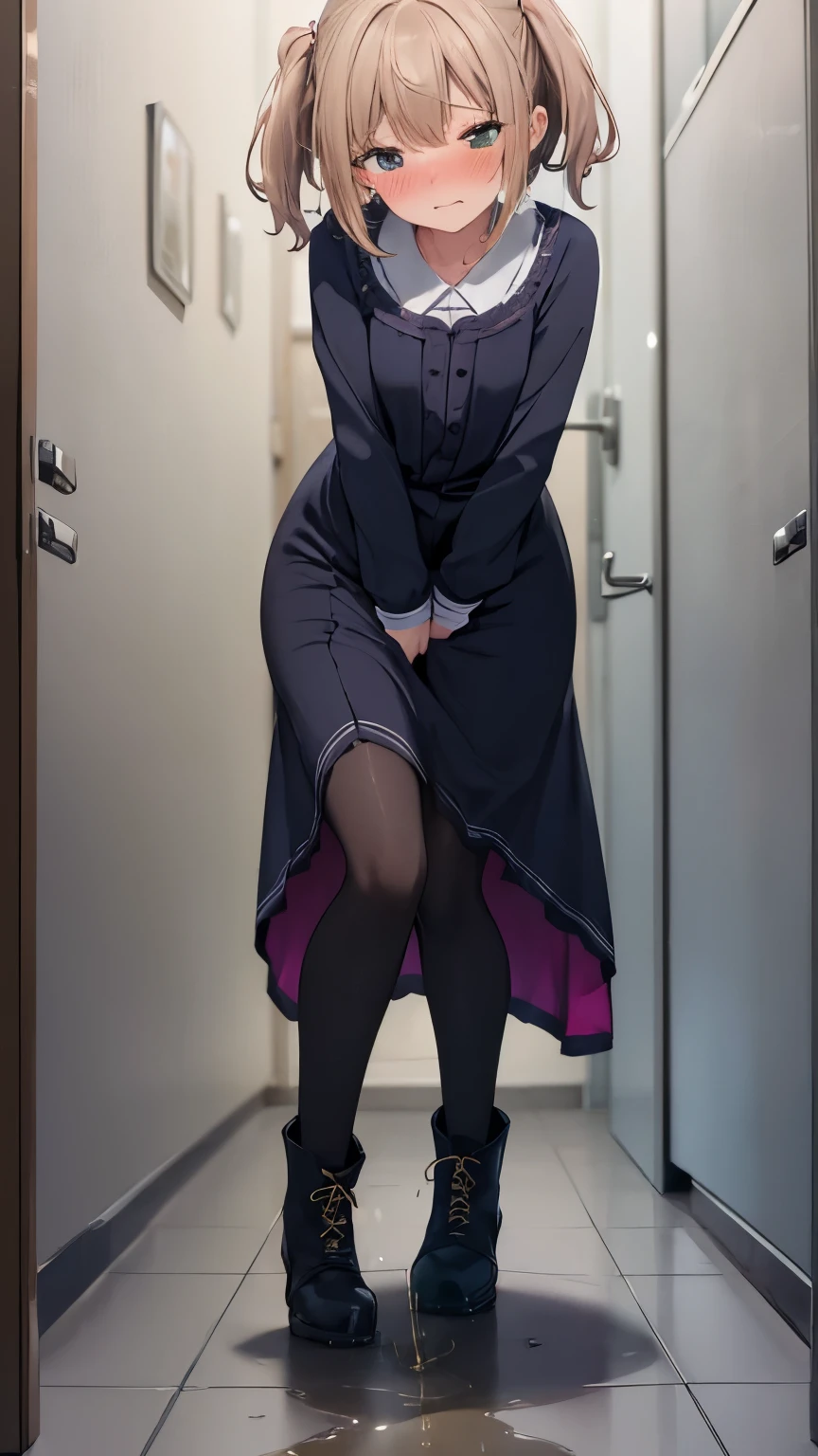 (8K, ultra-detailed, best quality, anatomically perfect figure:2), (beautiful breast), shiny skin, (have to pee, shaking with the effort to hold pee), (desperate urge to pee), (very desperate to pee), (her bladder is at its limit, unable to hold pee:1.2), (Standing:1.3), (peeing self), (pee puddles), (flared maxi dress, pantyhose, ankle boots:1.3), (Untidy hair:1.4), (She rubbing her crotch very hard:1.8), (arch backward:1.5), (jiggled, anxious foot hopping:1.7), (twisting and turning whole body:1.8), (panting heavily), (orgasm:1.5), (full face blush:1.7), (embarrassment:1.6), (impatience:1.9), (flustered:1.5), breathless, (Humiliation), (turn on), (closed eyes:0.7), (arousal), (head tilt:1.2), (slightly open mouth:0.7), (SIGMA 105 mm F/2.8, 1/100 sec shutter, award-winning), she waiting for restroom with line of girls in queue, (ultra-detailed face:1.2), (from side:0.5), nsfw,