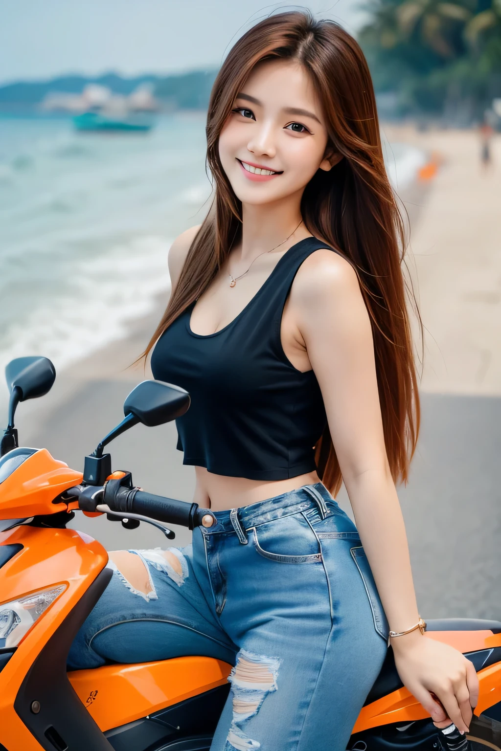 A very beautiful Thai girl with long reddish-brown hair smiles warmly while riding on her scooter on seaside background,
She wears a black top tank, Medium nipples，revealing breasts, cover by orange SeuaPhiWin vest,
jeans pant,sneaker,
random shot,