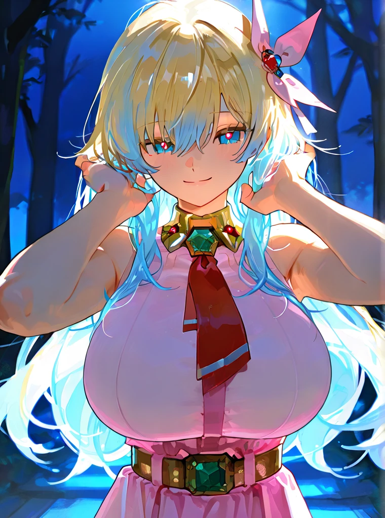       top quality ,       top quality ,    high quality moonlight illustration ,   masterpiece ,         super high resolution 、 with forest background ,       detailed background ,       Absurd,    Perfect Anatomy  ,       performance  ,  good lighting ,   sofurce_anime、  cut out the blue sky  、pen、:of、smile、sleeveless dress with hair on hands 、(Stroking my hair:1.3)、 nias1   、 1 girl、  blue eyes、Symmetrical pupils 、Left hair 、 Blonde 、  blue hair 、Twin Hair、  very huge breasts 、  skirt、  hair accessories 、  Pink dress  、gem、  hair accessories 、 White dress with sleeveless dress background、  red tie 、  upper body red  、  upper body red  、belt