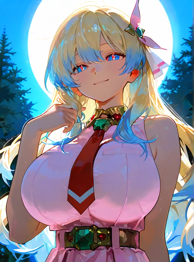       top quality ,       top quality ,    high quality moonlight illustration ,   masterpiece ,         super high resolution 、 with forest background ,       detailed background ,       Absurd,    Perfect Anatomy  ,       performance  ,  good lighting ,   sofurce_anime、  cut out the blue sky  、pen、:of、smile、sleeveless dress with hair on hands 、(Stroking my hair:1.3)、 nias1   、 1 girl、  blue eyes、Symmetrical pupils 、Left hair 、 Blonde 、  blue hair 、Twin Hair、  very huge breasts 、  skirt、  hair accessories 、  Pink dress  、gem、  hair accessories 、 White dress with sleeveless dress background、  red tie 、  upper body red  、  upper body red  、belt