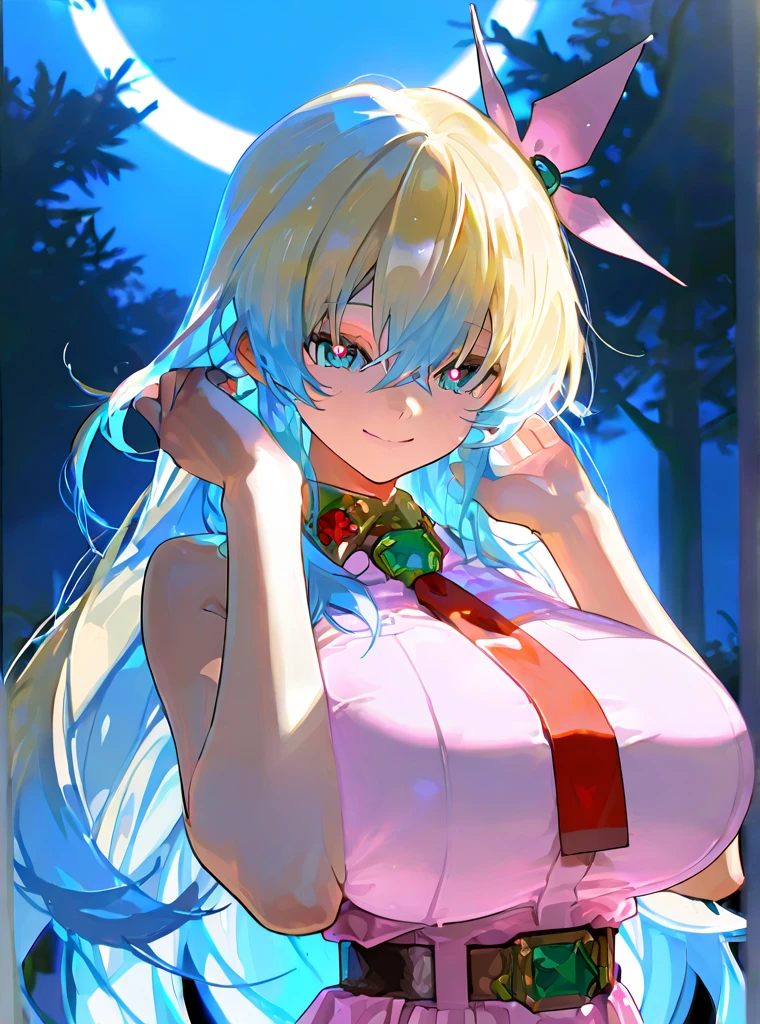       top quality ,       top quality ,    high quality moonlight illustration ,   masterpiece ,         super high resolution 、 with forest background ,       detailed background ,       Absurd,    Perfect Anatomy  ,       performance  ,  good lighting ,   sofurce_anime、  cut out the blue sky  、pen、:of、smile、sleeveless dress with hair on hands 、(Stroking my hair:1.3)、 nias1   、 1 girl、  blue eyes、Symmetrical pupils 、Left hair 、 Blonde 、  blue hair 、Twin Hair、  very huge breasts 、  skirt、  hair accessories 、  Pink dress  、gem、  hair accessories 、 White dress with sleeveless dress background、  red tie 、  upper body red  、  upper body red  、belt、 very huge big boobs、 heart eyes 