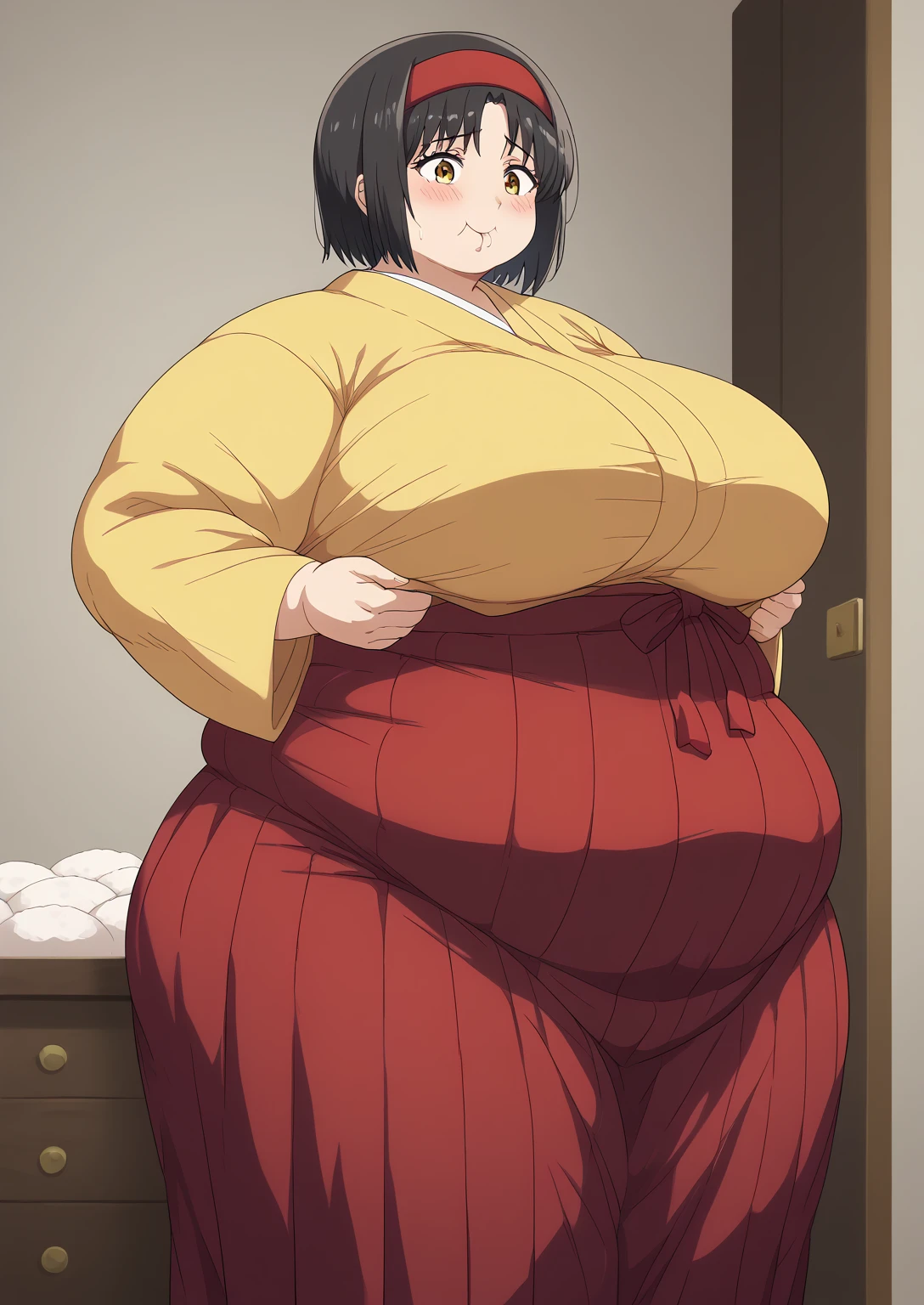 Erika, Erica,    yellow eyes  ,  Black Hair,  red headband,   Shorthair,  yellow kimono, Boobs are not exposed,   Long Sleeve  ,  red hakama, score_9,   score_8_ up,   score_7_ up,   score_6_ up,   score_5_ up,   score_4_ up,     masterpiece   ,   top quality,     very aesthetic  ,    absurd,    Source_Anime, Anime screencap,    one woman , Alone,   personal   ,  Super huge breasts, (((S uper huge クレビス, Super huge , Super huge boob))), Curvy,   in her 20s,  Mature Woman,   obese , ,  troubled expression, ssbbw,  embarrassing expression , Japanese-style room, Hunger, sighing ,Eating dumplings