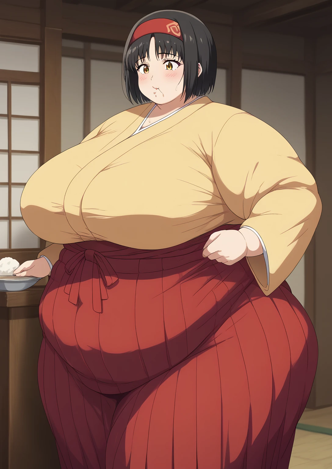 Erika, Erica,    yellow eyes  ,  Black Hair,  red headband,   Shorthair,  yellow kimono, Boobs are not exposed,   Long Sleeve  ,  red hakama, score_9,   score_8_ up,   score_7_ up,   score_6_ up,   score_5_ up,   score_4_ up,     masterpiece   ,   top quality,     very aesthetic  ,    absurd,    Source_Anime, Anime screencap,    one woman , Alone,   personal   ,  Super huge breasts, (((S uper huge クレビス, Super huge , Super huge boob))), Curvy,   in her 20s,  Mature Woman,   obese , ,  troubled expression, ssbbw,  embarrassing expression , Japanese-style room, Hunger, sighing ,Eating dumplings