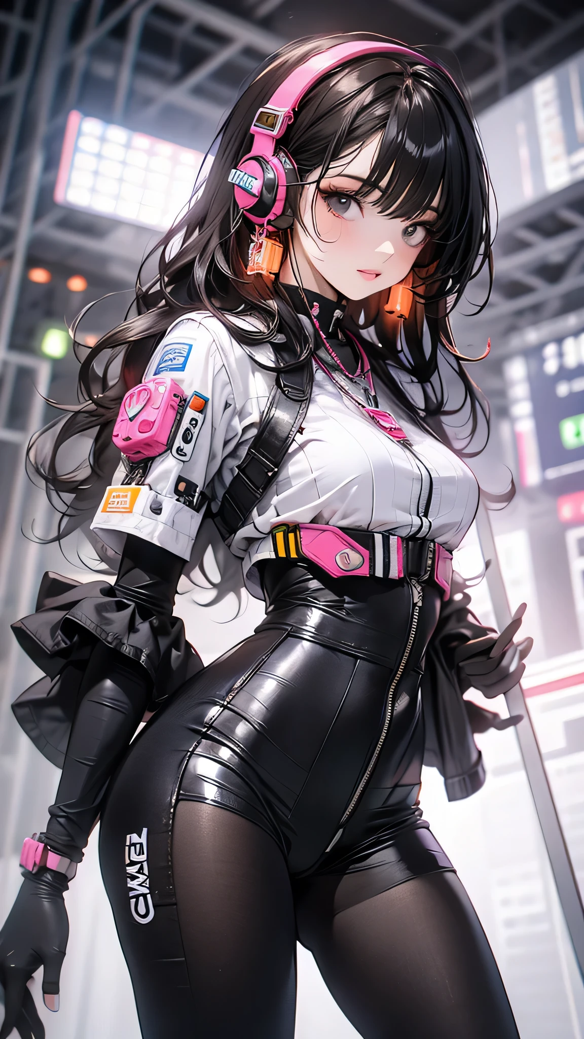 最high quality、best image quality、masterpiece、teenage girl((18-year-old、 By becoming、vest bust、medium bust,wide open breast tea、black eye, black hair、long hair、thin,highest valley、toned chest、white pilot suit、knee high boots、red jacket、Have a smartphone、Selfie Pose)),high quality、beautiful art、background((cyber road at night、cool black bicycle)),debris flies、Depth of written boundary、movie、visual art、perfect art、8K,genuine