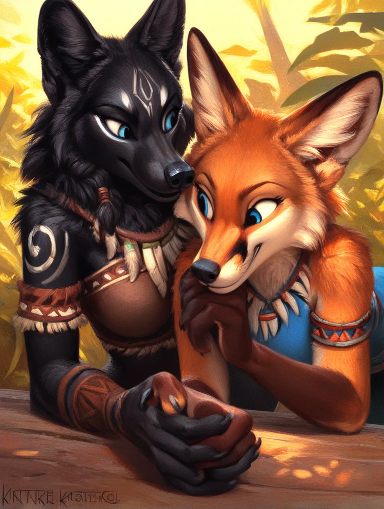 score_9, score_8_up, score_7_up, source_furry, rating_safe, by kenket, anthro, duo, female/female, wolf, disappointment, doggy style, frustration, fullbody portrait, black body, blue eyes, fox, orange body, tribal, hand holding, face to face, competitive, blue clothing
