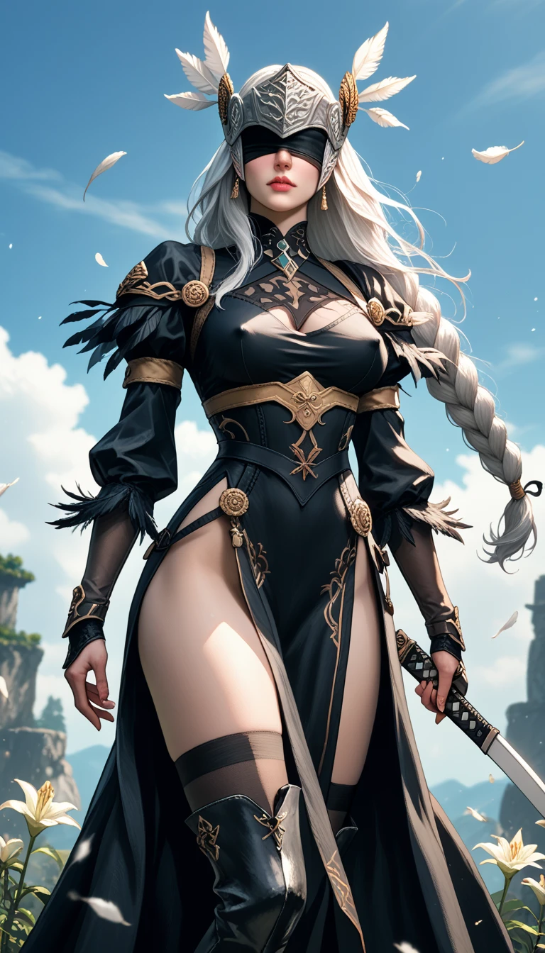 Score_9, score_8_up, score_7_up, source_real, photorealistic;; VPLenneth, 1woman, dynamic expression, long hair, braid, white hair, black blindfold over eyes, erect nipples, (armor), helmet, pelvic curtain, feathers, black dress, feather-trimmed sleeves, stiletto thigh boots, lace trim, long sleeves, holding massive katanas, 2b_outfit;; swinging katana, dynamic action poses;; outdoors tooling hills of lily of the valley flowers background;; holding_sword