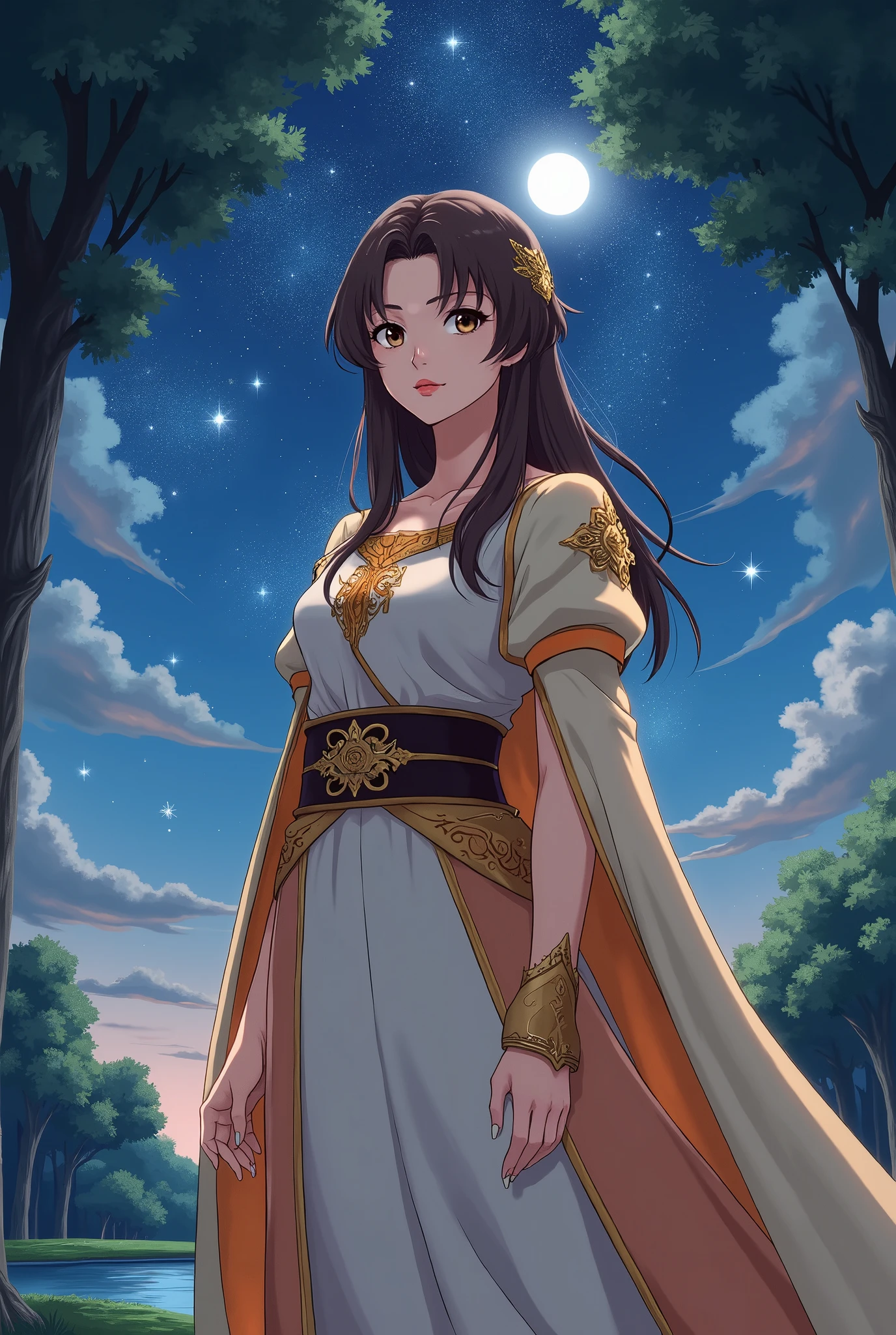  Anime Villain in her 20s .  Her facial features are orthodox . Her hair is brown and straight 、 beautiful brown eyes,  pink lips, She is wearing a long light gold cloak,  she wears a dark brown belt with gold details,  The sleeves of the inner tunic are white with orange decorations .  she wears a gold bracelet , Painting, sketch, ( Photorealism :1.2), night,  Beautiful Starry Sky,  moonlight, Shining Star, Shining Star, Flowing Clouds, Large tree, Grass Square,  animation art, 