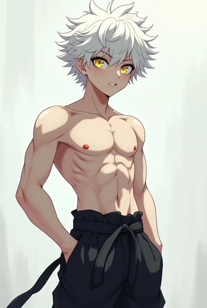 Masterpiece, Best quality, High quality, 1boy, Solo, Asta, lying on bed, sleeping, gray hair, black headband, shirt off, shirtless, green eyes, medium body, naked, showing His penis, his dick, showing his muscle.