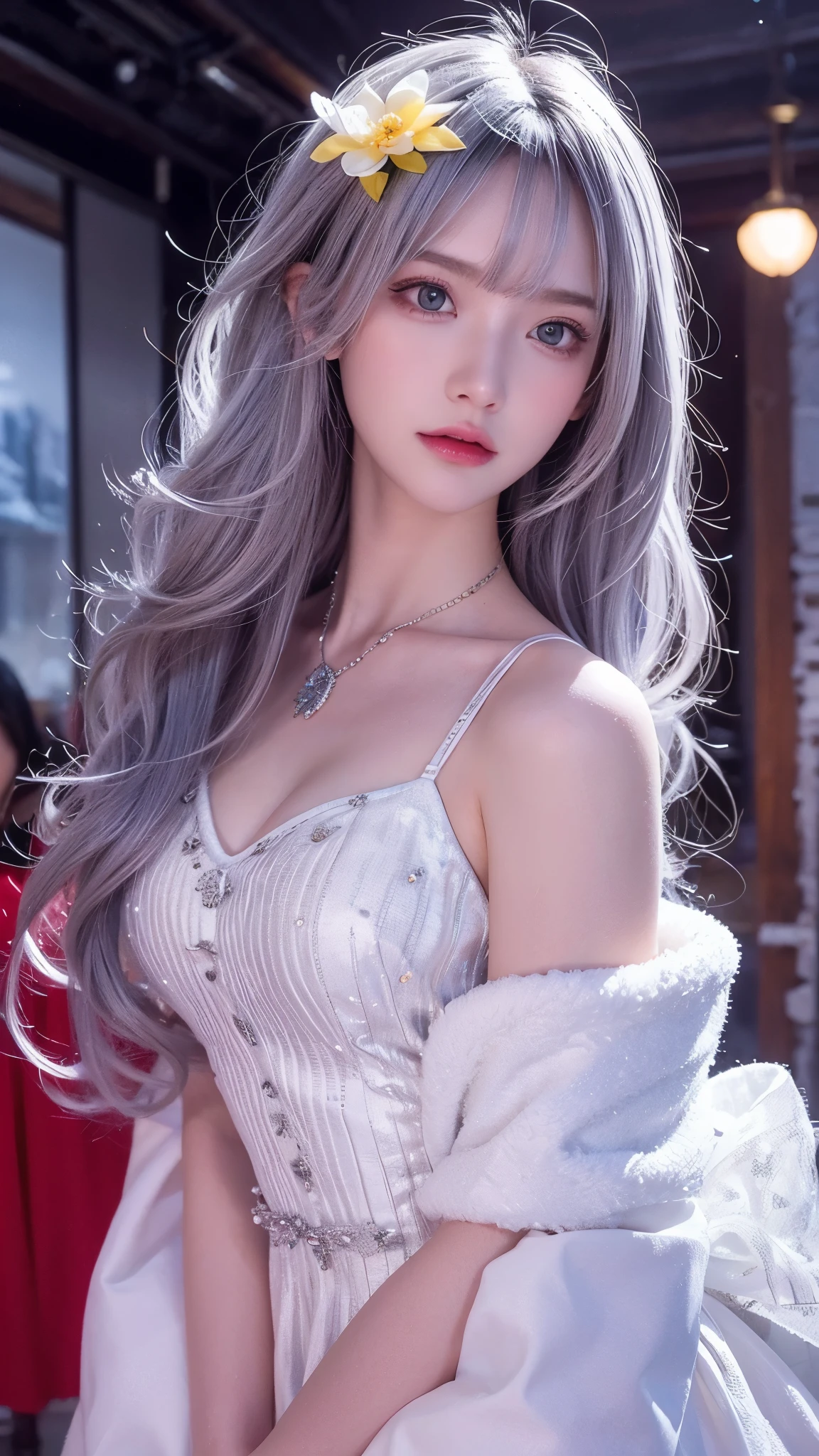 (Canon RF85mm f/1.2), (8k, RAW photos, best quality, masterpiece), (realistic, photograph realistic:1.4), (masterpiece, best quality, High detail, Best image quality, super detailed, high resolution, Very detailed, Best quality, Extreme detail description, An extremely delicate and beautiful work), Beautiful detailed girl, Very detailed eyes and face, (Beautiful detailed eyes, masterpiece, fair skin, hazy beauty, very detailed facial, detailed skin structure, perfect anatomy, ((perfect body)), Beautiful detailed whole body, delicate face, exquisite body, fine collar bone, lovely lips, Behind the softness, adorable, (slender abs, slim waist, large hip), (big breasts, Bulging breasts, crisp breasts), ((cleavage)), (smile:1.2), (seductive look, soulful eyes, clear eyes), (dark purple eyes:1.4), (long white hair:1.4), ((Enchanted expression)), ((An extremely detailed and elegant-open button to show nipple-see through white shirt:1.4)), (necklace, earrings), ((view over city)), ((midnight:1.2)), physically-based rendering, (((upper body:1.3))), ((looking to viewer:1.3))