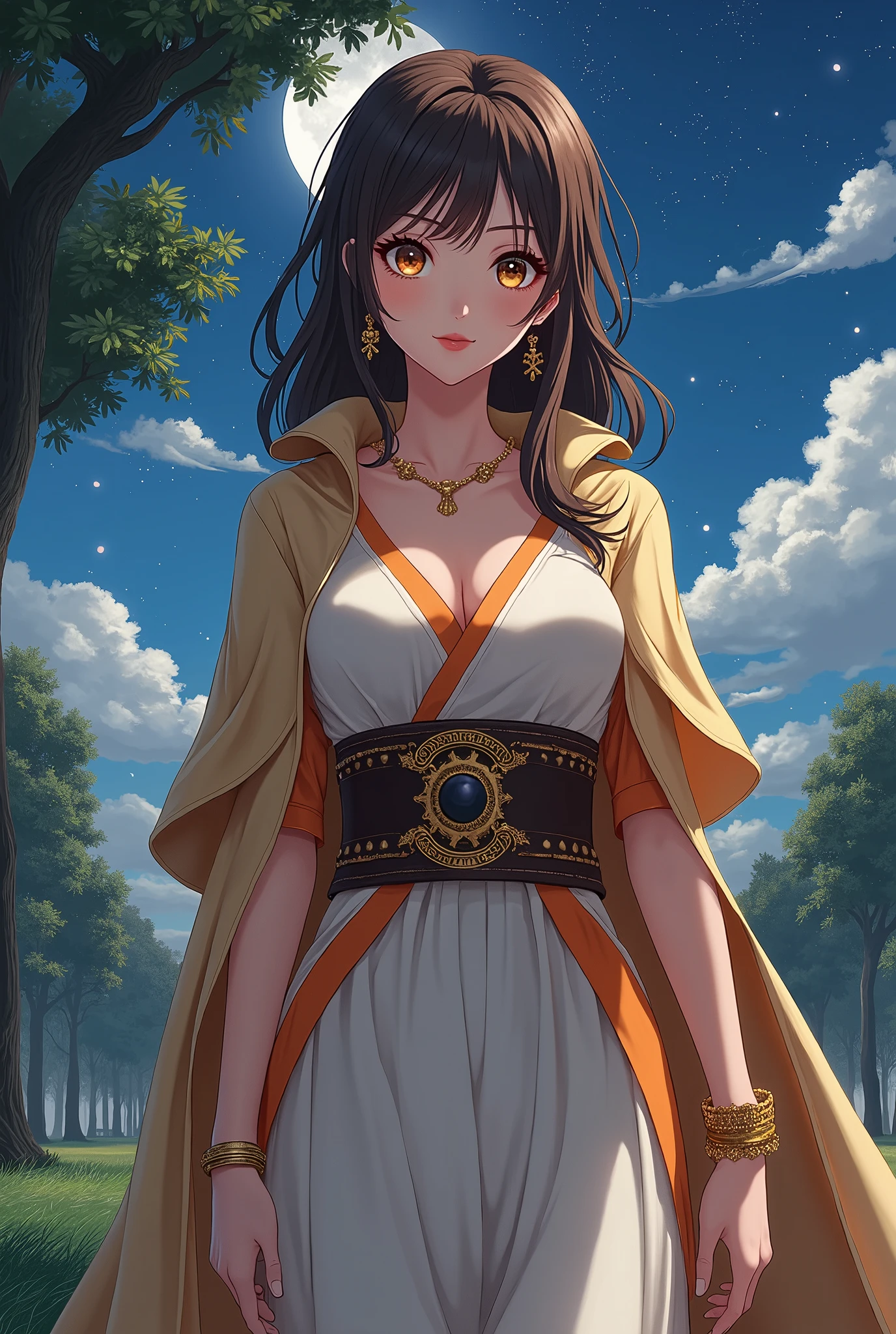  Anime Villain in her 20s .  Her facial features are orthodox . Her hair is brown and straight 、 beautiful brown eyes,  pink lips, She is wearing a long light gold cloak,  she wears a dark brown belt with gold details,  The sleeves of the inner tunic are white with orange decorations .  she wears a gold bracelet , Painting, sketch, ( Photorealism :1.2), night,  Beautiful Starry Sky,  moonlight, Shining Star, Shining Star, Flowing Clouds, Large tree, Grass Square,  animation art, 