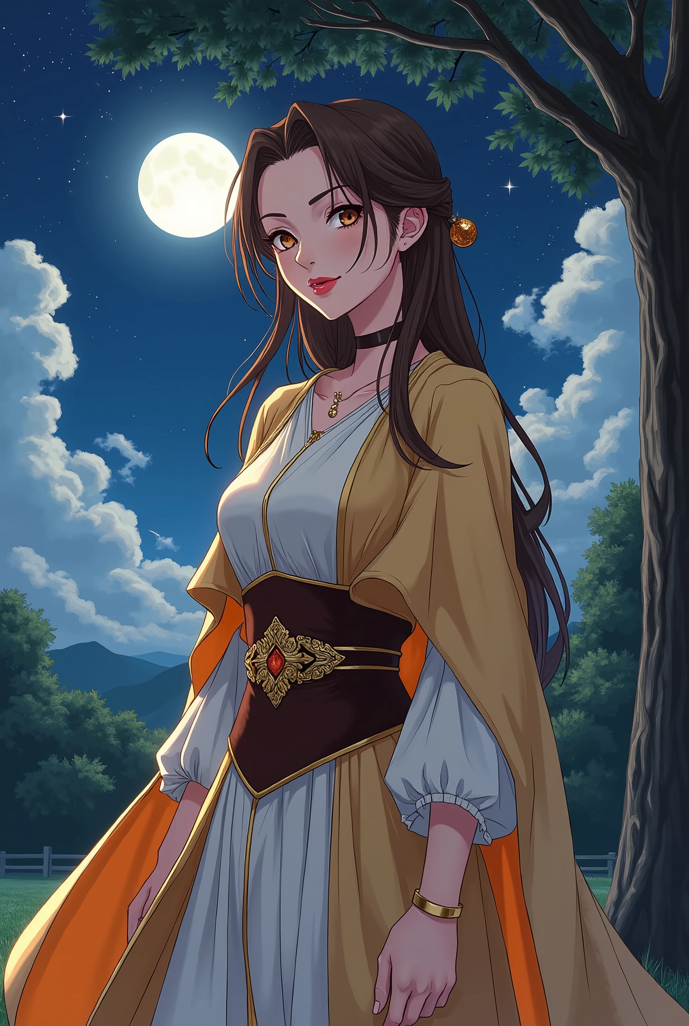  Anime Villain in her 20s .  Her facial features are orthodox . Her hair is brown and straight 、 beautiful brown eyes,  pink lips, She is wearing a long light gold cloak,  she wears a dark brown belt with gold details,  The sleeves of the inner tunic are white with orange decorations .  she wears a gold bracelet , Painting, sketch, ( Photorealism :1.2), night,  Beautiful Starry Sky,  moonlight, Shining Star, Shining Star, Flowing Clouds, Large tree, Grass Square,