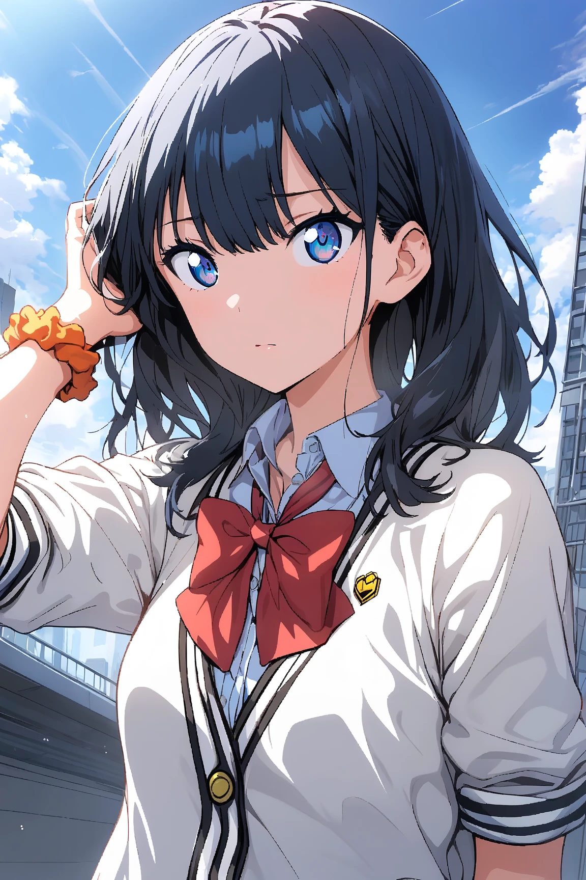 masterpiece,best quality,game cg,1girl,takarada_rikka,gridman_universe,ssss.gridman,bow,wrist_scrunchie,outdoors,adjusting_hair,furrowed_brow,upper_body,solo,black_hair,collared_shirt,bowtie,orange_scrunchie,scrunchie,blue_eyes,red_bowtie,white_cardigan,sky,straight_hair,hair_between_eyes,white_shirt,shirt,looking_at_viewer,floating_hair,cardigan,red_bow,long_hair,hand_up,artist_logo,