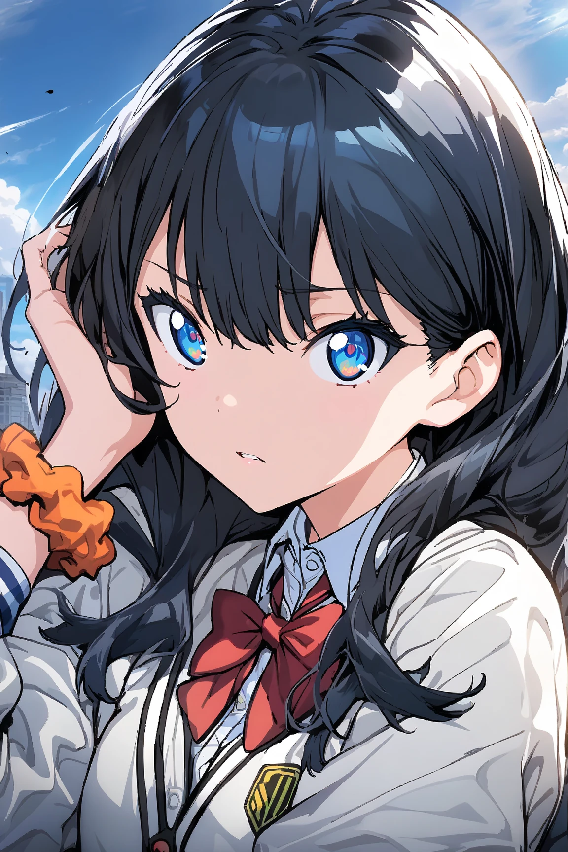 masterpiece,best quality,game cg,1girl,takarada_rikka,gridman_universe,ssss.gridman,bow,wrist_scrunchie,outdoors,adjusting_hair,furrowed_brow,upper_body,solo,black_hair,collared_shirt,bowtie,orange_scrunchie,scrunchie,blue_eyes,red_bowtie,white_cardigan,sky,straight_hair,hair_between_eyes,white_shirt,shirt,looking_at_viewer,floating_hair,cardigan,red_bow,long_hair,hand_up,artist_logo,