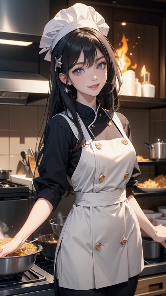 , Long hair, Black Hair, hair ornaments, Ahoge, Hair Clip, x hair ornaments, (Gray eyes:1.1),tooth,happy smile, smile, Open your mouth,chef uniform, chef hat, chef, Zend 4y4, cooking, Chinese pan, fire, fried rice, Stove, フレームから足が外れている
break indoors, kitchen,
break looking at viewer, (Cowboy Shot:1.5),
break (masterpiece:1.2), highest quality, High resolution, unity 8k wallpaper, (shape:0.8), (Beautiful details:1.6), Highly detailed face, Perfect lighting, Extremely detailed CG, (Perfect hands, Perfect Anatomy),