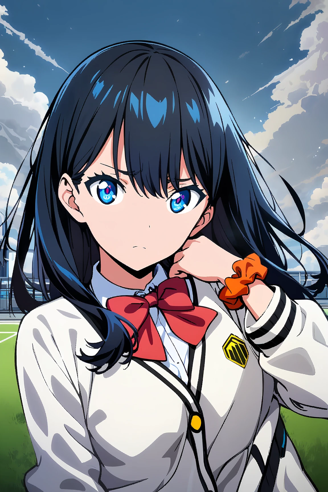 masterpiece,best quality,game cg,1girl,takarada_rikka,gridman_universe,ssss.gridman,bow,wrist_scrunchie,outdoors,adjusting_hair,furrowed_brow,upper_body,solo,black_hair,collared_shirt,bowtie,orange_scrunchie,scrunchie,blue_eyes,red_bowtie,white_cardigan,sky,straight_hair,hair_between_eyes,white_shirt,shirt,looking_at_viewer,floating_hair,cardigan,red_bow,long_hair,hand_up,artist_logo,