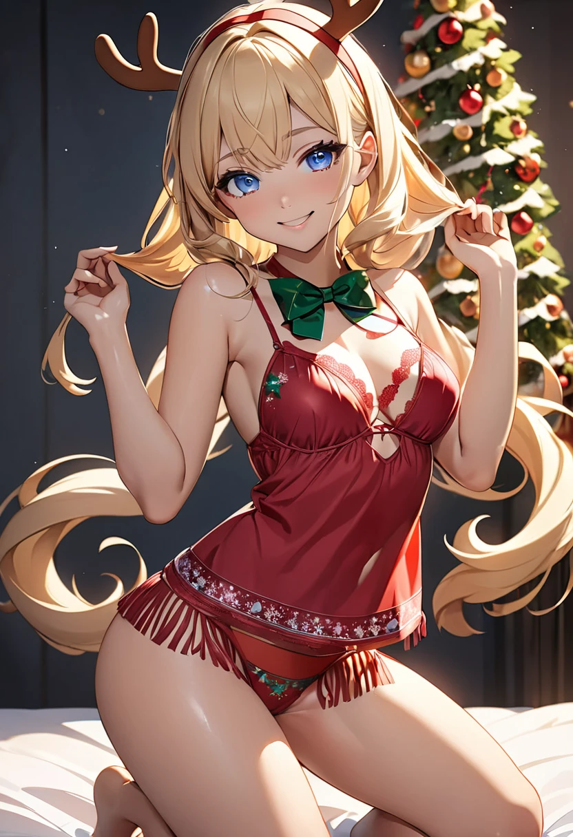 ((best quality)), ((masterpiece)), (detailed), perfect face Blonde Sexy Girl with small boobs, Christmas hat green bow attached, Red Christmas Bra with red cover, Red Christmas short skirt, black belt with green bow, Fluff on bottom part of skirt and bra. blurry Christmas lights in background. Girl leaning forward