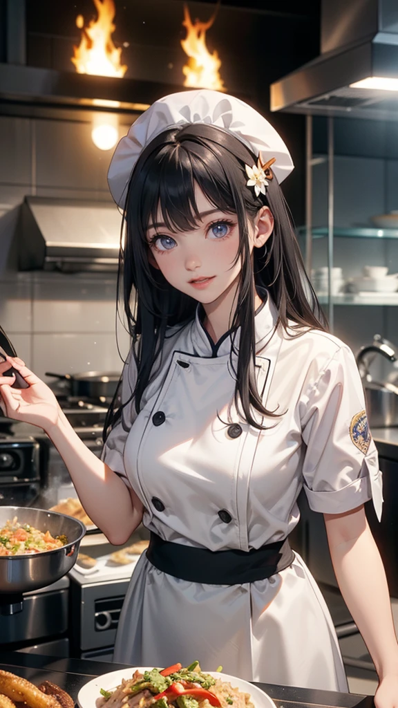 , Long hair, Black Hair, hair ornaments, Ahoge, Hair Clip, x hair ornaments, (Gray eyes:1.1),tooth,happy smile, smile, Open your mouth,chef uniform, chef hat, chef, Zend 4y4, cooking, Chinese pan, fire, fried rice, Stove, フレームから足が外れている
break indoors, kitchen,
break looking at viewer, (Cowboy Shot:1.5),
break (masterpiece:1.2), highest quality, High resolution, unity 8k wallpaper, (shape:0.8), (Beautiful details:1.6), Highly detailed face, Perfect lighting, Extremely detailed CG, (Perfect hands, Perfect Anatomy),